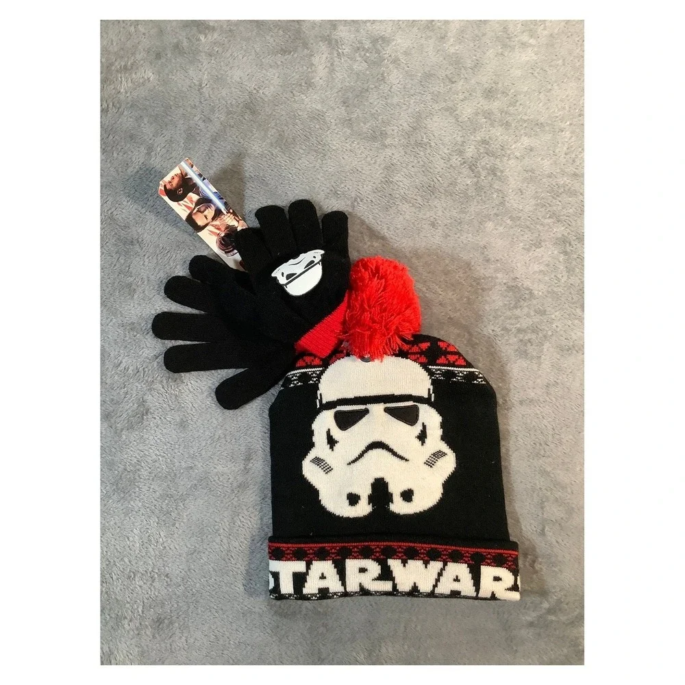 Star‎ Wars Stormtrooper Pom Beanie Hat & Gloves Set Boys Kids Red Black New